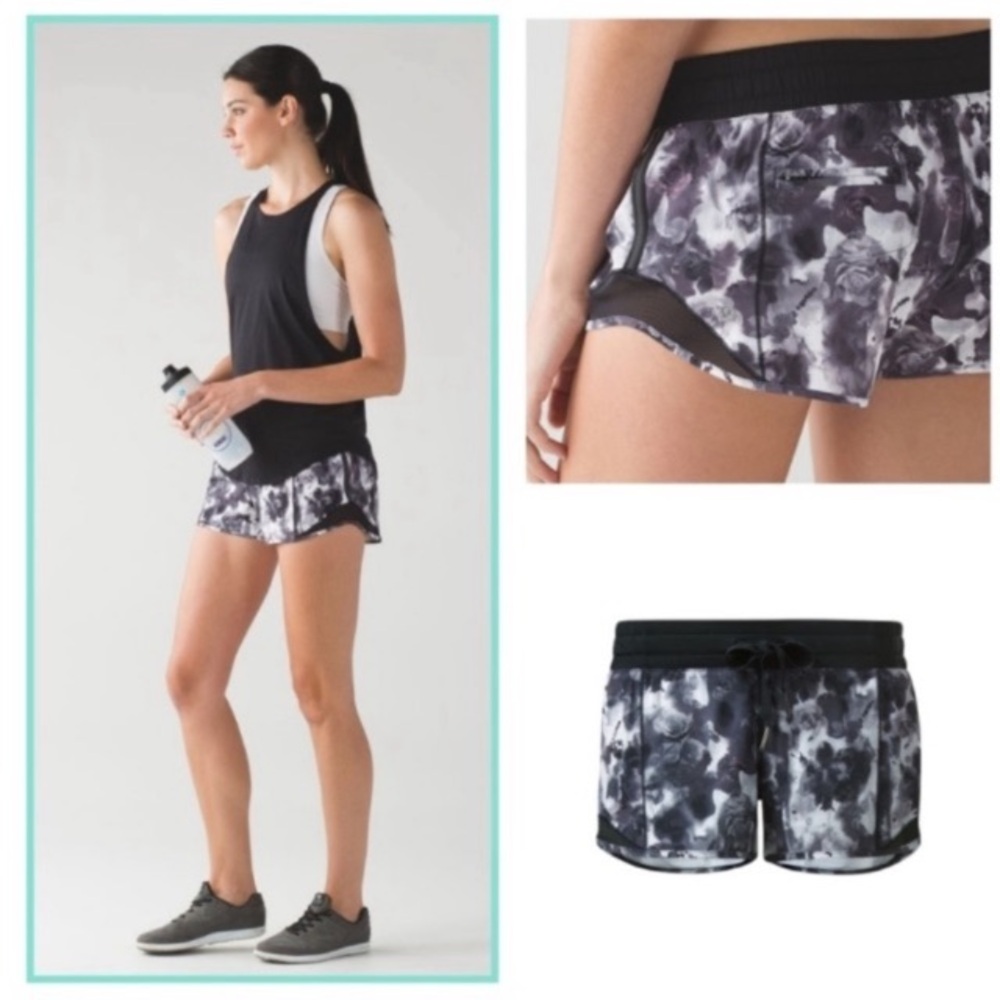 Lululemon Hotty Hot Black and Gray Floral Shorts.